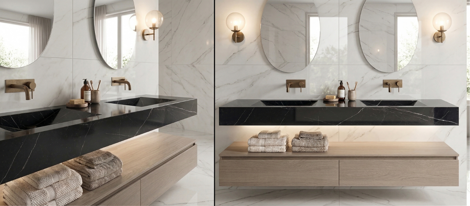 Double vasque Duova — Effet marbre noir foncé, Effet marbre noir foncé — Brillant, 120 × 45 × 15 cm