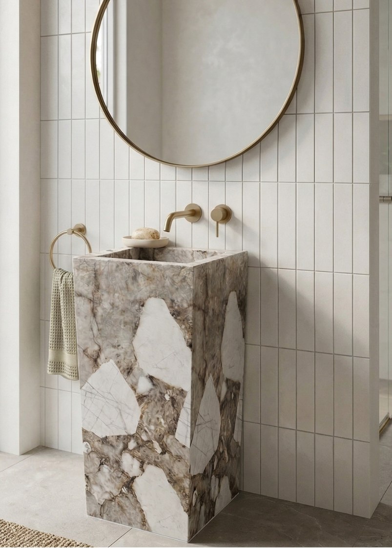 Vasque Topia — Effet marbre blanc/marron, Effet marbre blanc/marron — Mat / Brillant, 60 × 45 cm