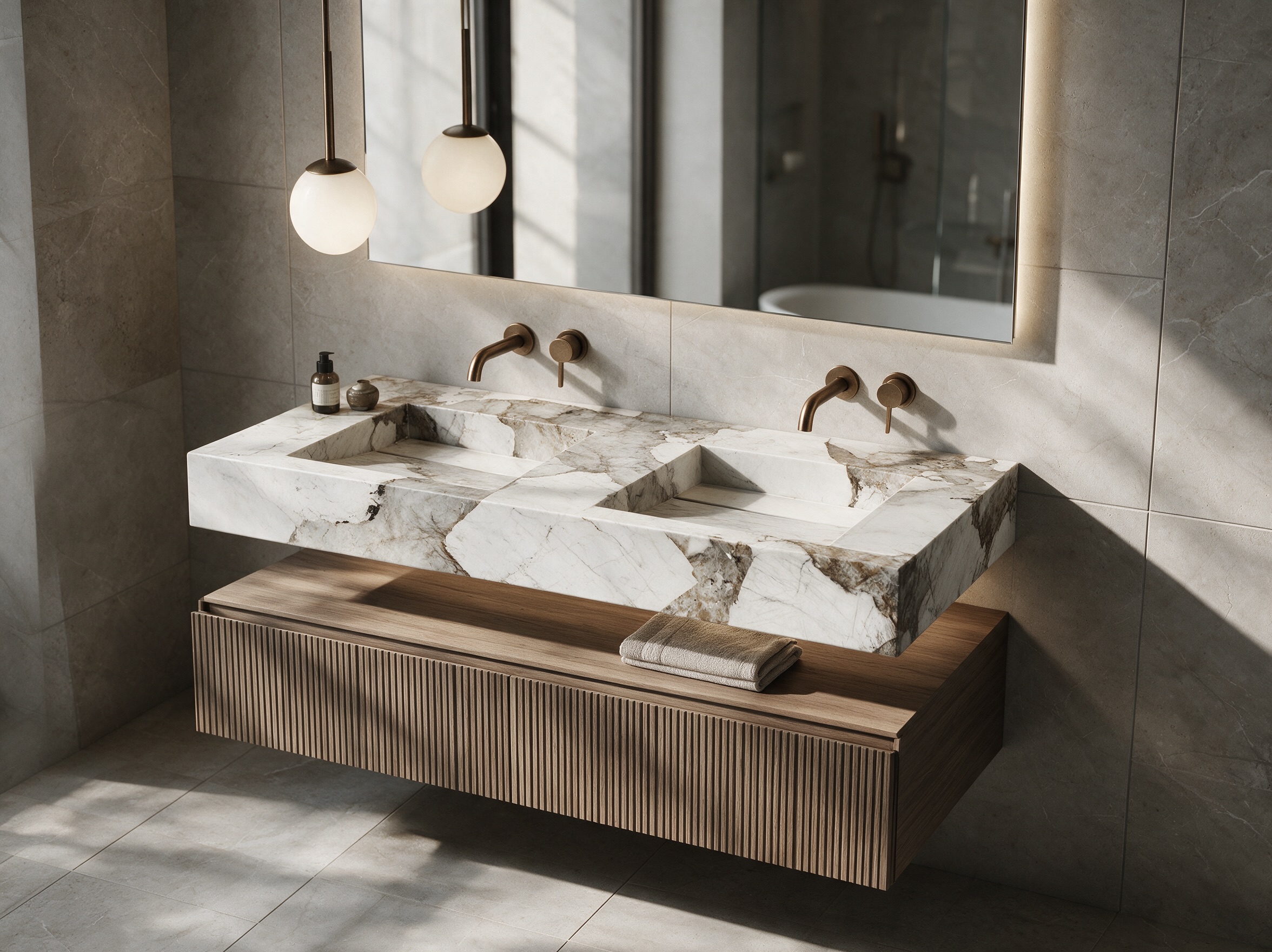 Double vasque Duova — Effet marbre blanc/marron, Effet marbre blanc/marron — Brillant, 120 × 45 × 15 cm