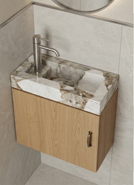 Vasque Minova — Effet marbre blanc/marron, Effet marbre blanc/marron — Brillant, 45 × 25 × 7 cm